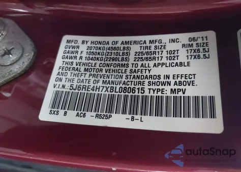 2011 Honda Cr-V Ex-L from USA, damaged, VIN 5J6RE4H7XBL080615